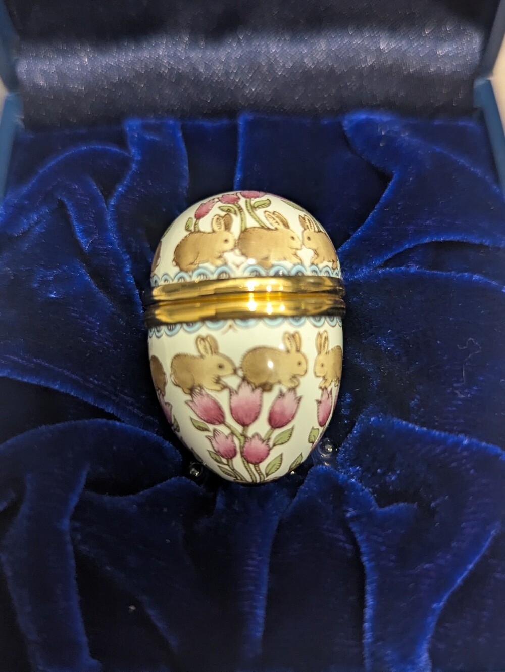 Halcyon Days Hand-Painted Enamel Floral & Bunny Egg Trinket Box - Pink and Gold